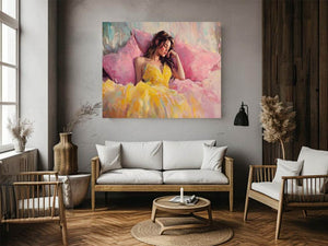 Fashion woman canvas art in yellow dress with pink pillows for glamorous bedroom decor.