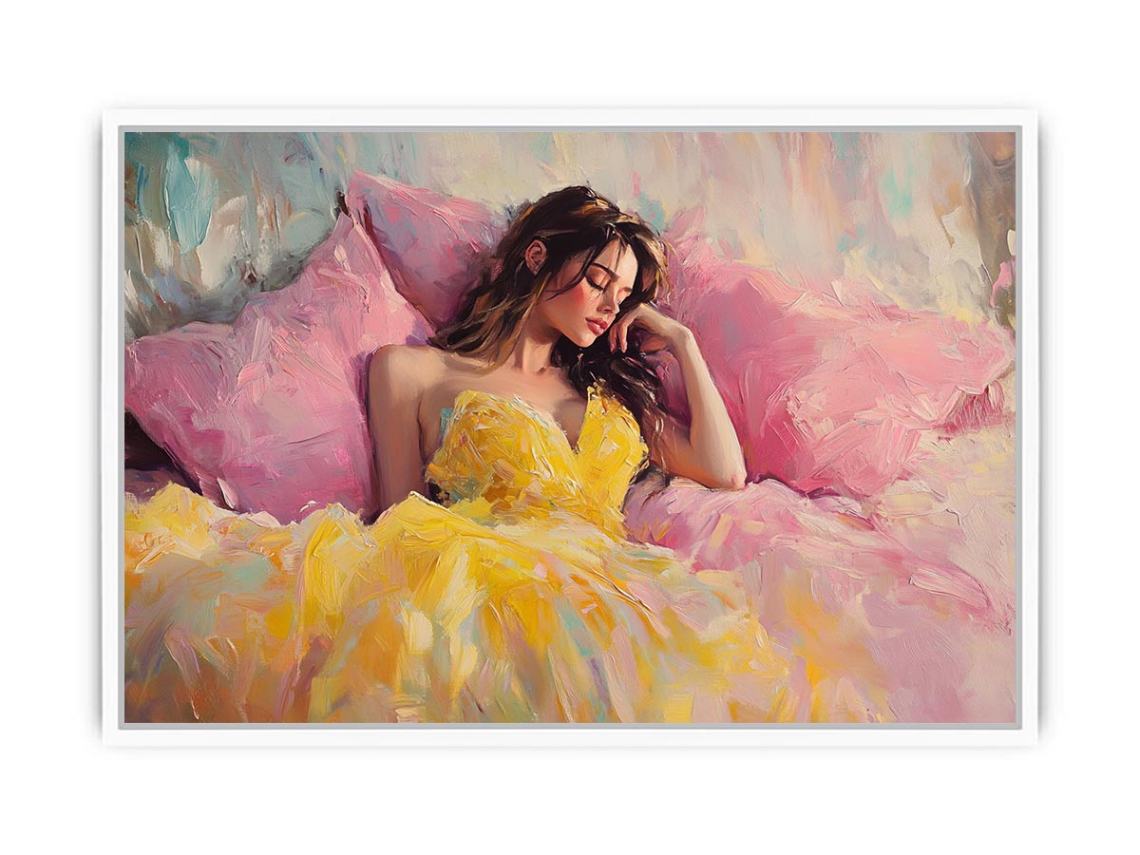 Fashion woman canvas art in yellow dress with pink pillows for glamorous bedroom decor.