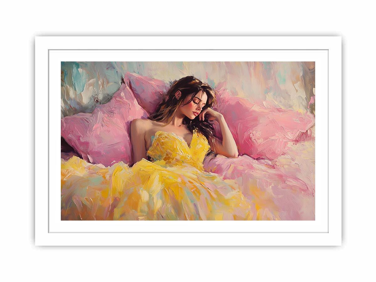 Fashion woman canvas art in yellow dress with pink pillows for glamorous bedroom decor.