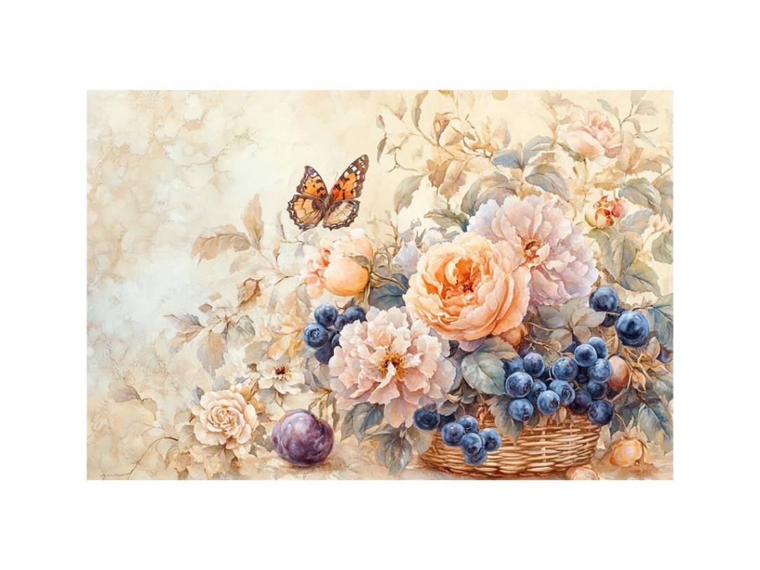 Vintage floral fruit canvas art with roses, grapes, butterfly, and basket for dining room decor.