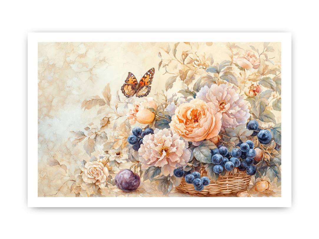 Vintage floral fruit canvas art with roses, grapes, butterfly, and basket for dining room decor.