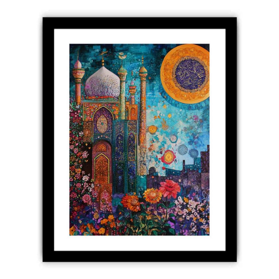 Islamic architecture canvas art with blue mosque, floral garden, and gold calligraphy for statement decor.