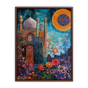 Islamic architecture canvas art with blue mosque, floral garden, and gold calligraphy for statement decor.