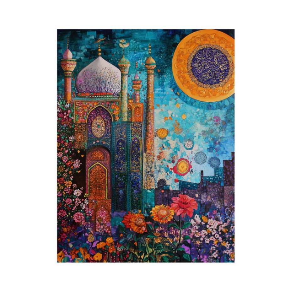 Islamic architecture canvas art with blue mosque, floral garden, and gold calligraphy for statement decor.