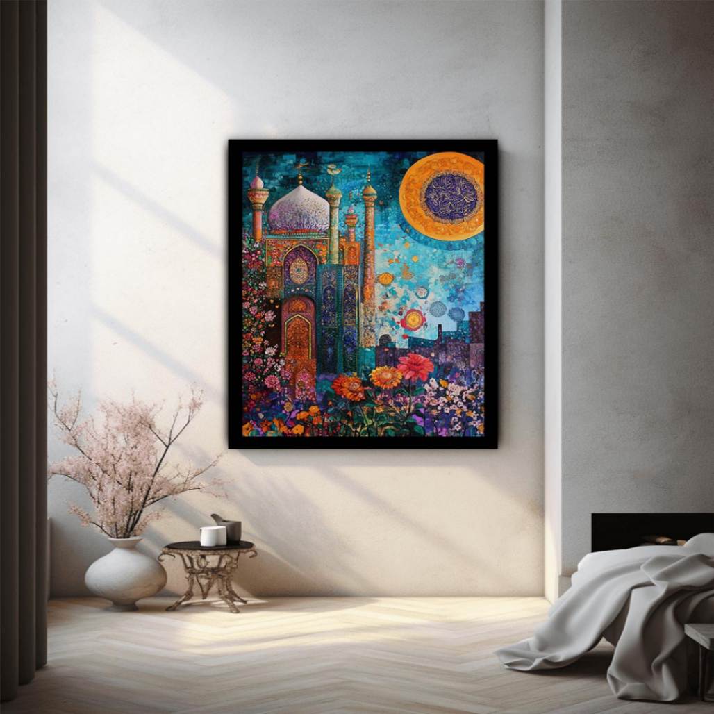 Islamic architecture canvas art with blue mosque, floral garden, and gold calligraphy for statement decor.