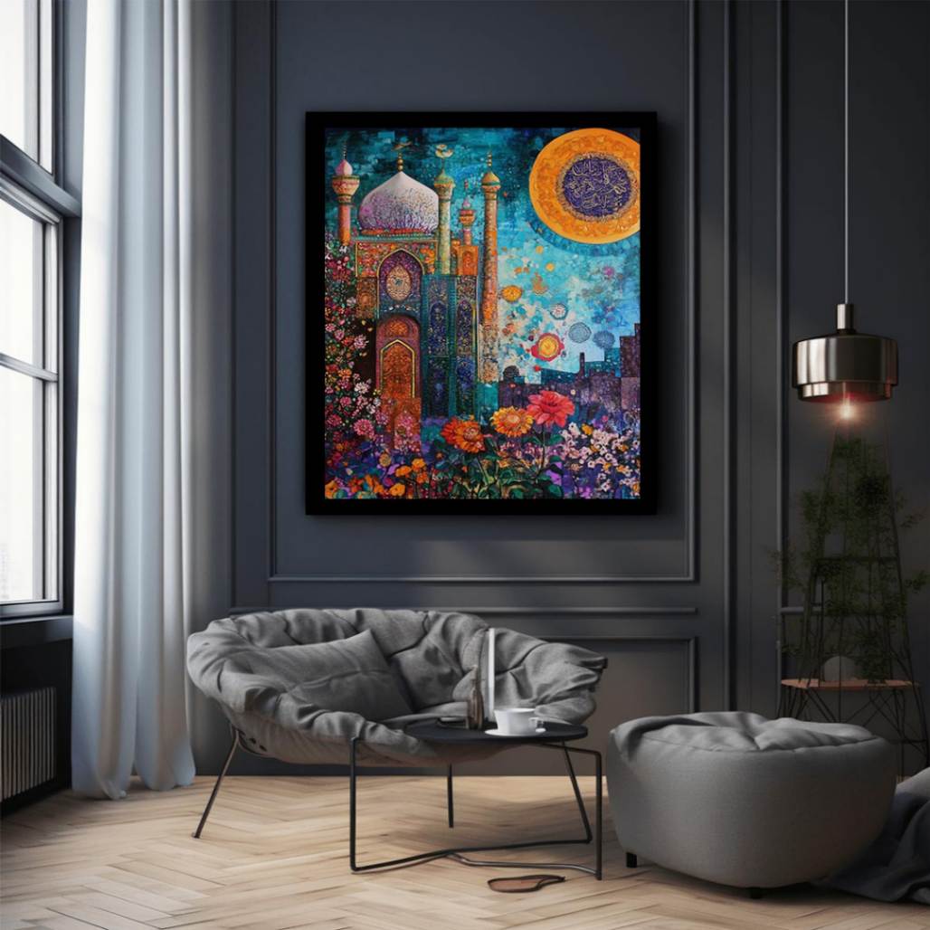 Islamic architecture canvas art with blue mosque, floral garden, and gold calligraphy for statement decor.