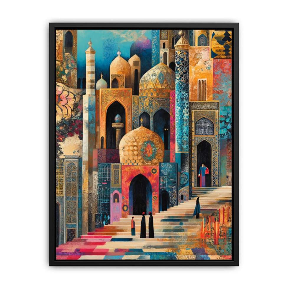 Colorful mosque cityscape canvas art with domes and stairs for eclectic living room decor.