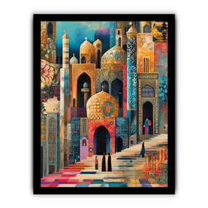 Colorful mosque cityscape canvas art with domes and stairs for eclectic living room decor.