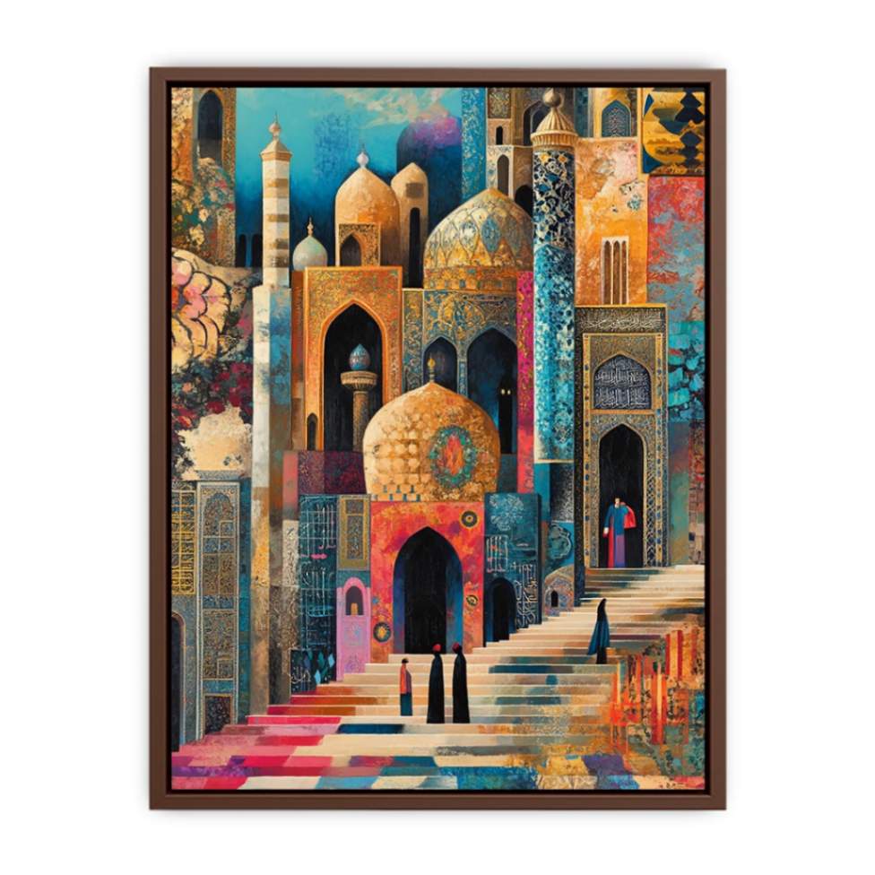 Colorful mosque cityscape canvas art with domes and stairs for eclectic living room decor.