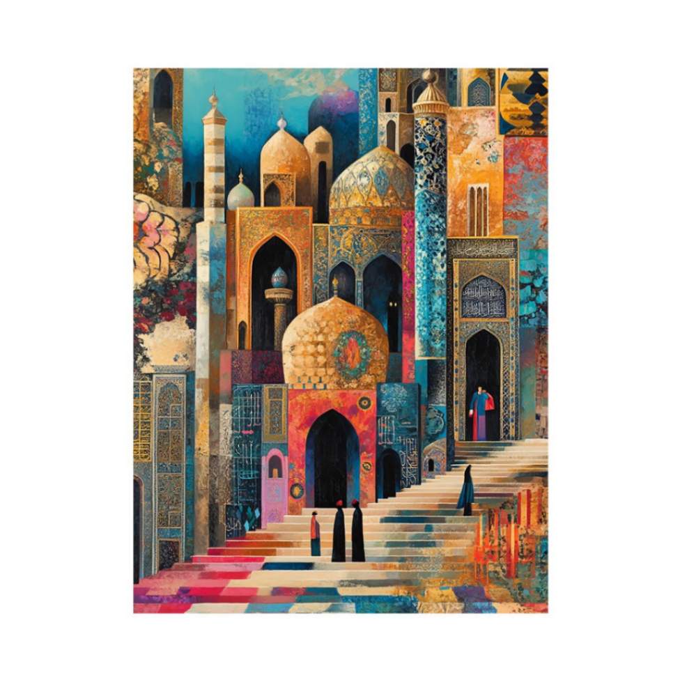 Colorful mosque cityscape canvas art with domes and stairs for eclectic living room decor.