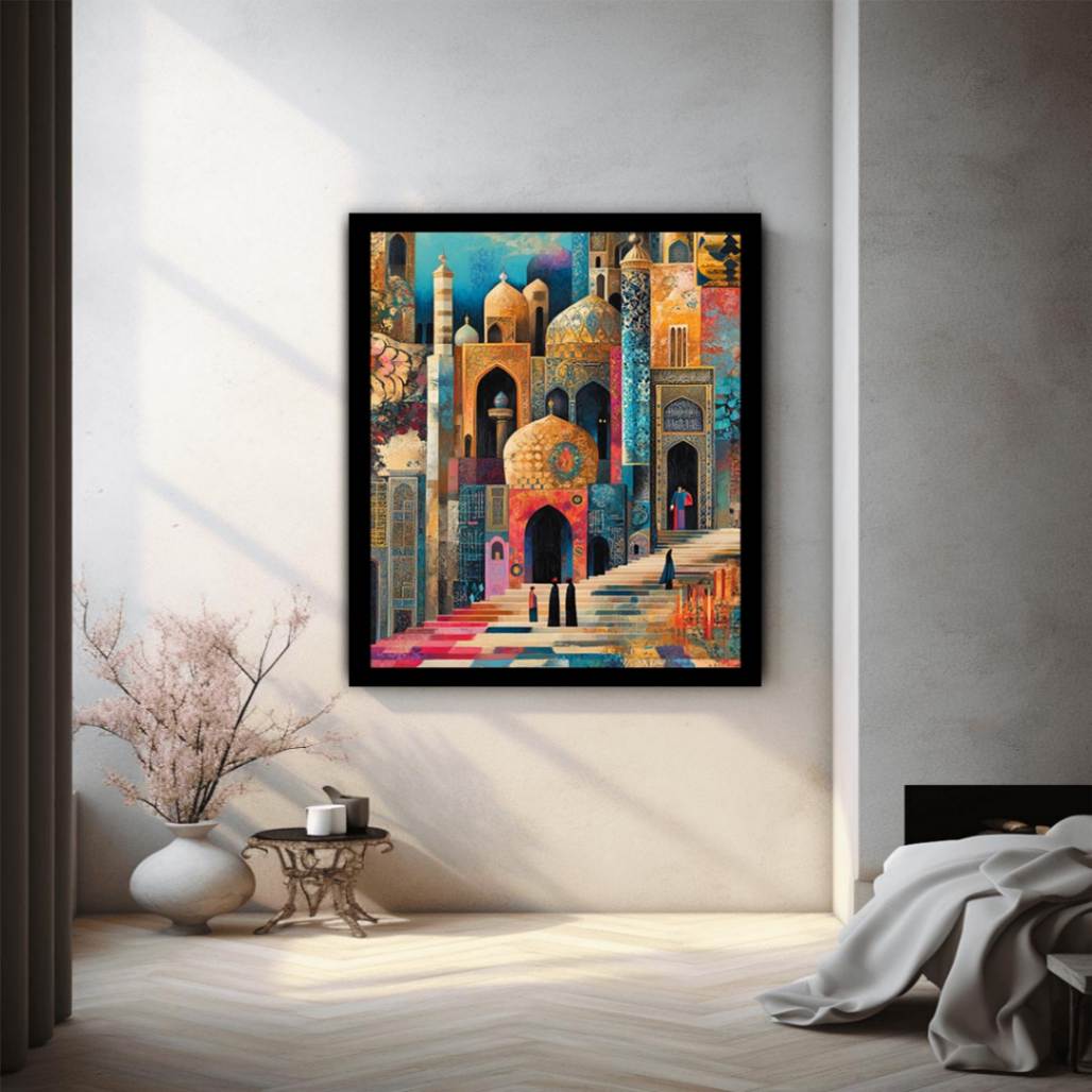 Colorful mosque cityscape canvas art with domes and stairs for eclectic living room decor.