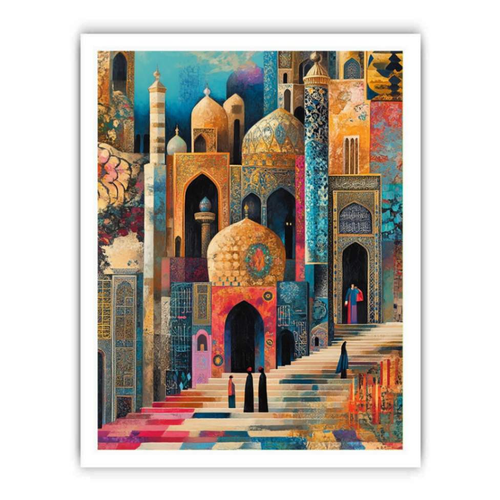 Colorful mosque cityscape canvas art with domes and stairs for eclectic living room decor.
