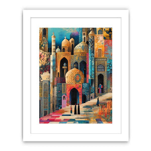 Colorful mosque cityscape canvas art with domes and stairs for eclectic living room decor.