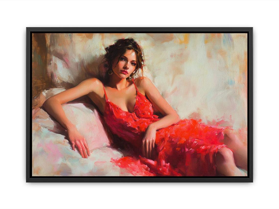 Figurative woman in red dress canvas art for elegant bedroom or living room decor.