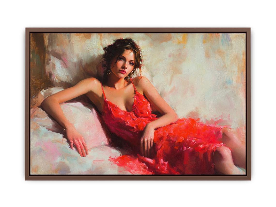 Figurative woman in red dress canvas art for elegant bedroom or living room decor.