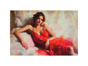 Figurative woman in red dress canvas art for elegant bedroom or living room decor.