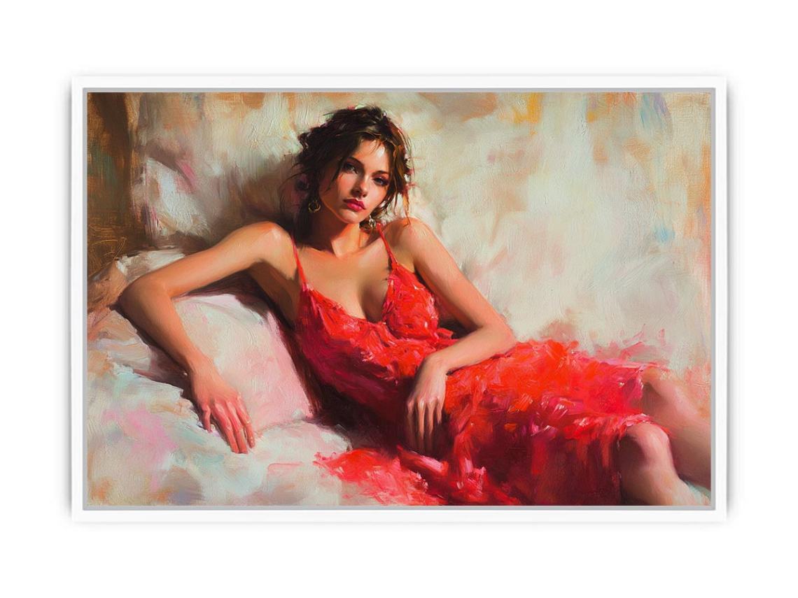 Figurative woman in red dress canvas art for elegant bedroom or living room decor.