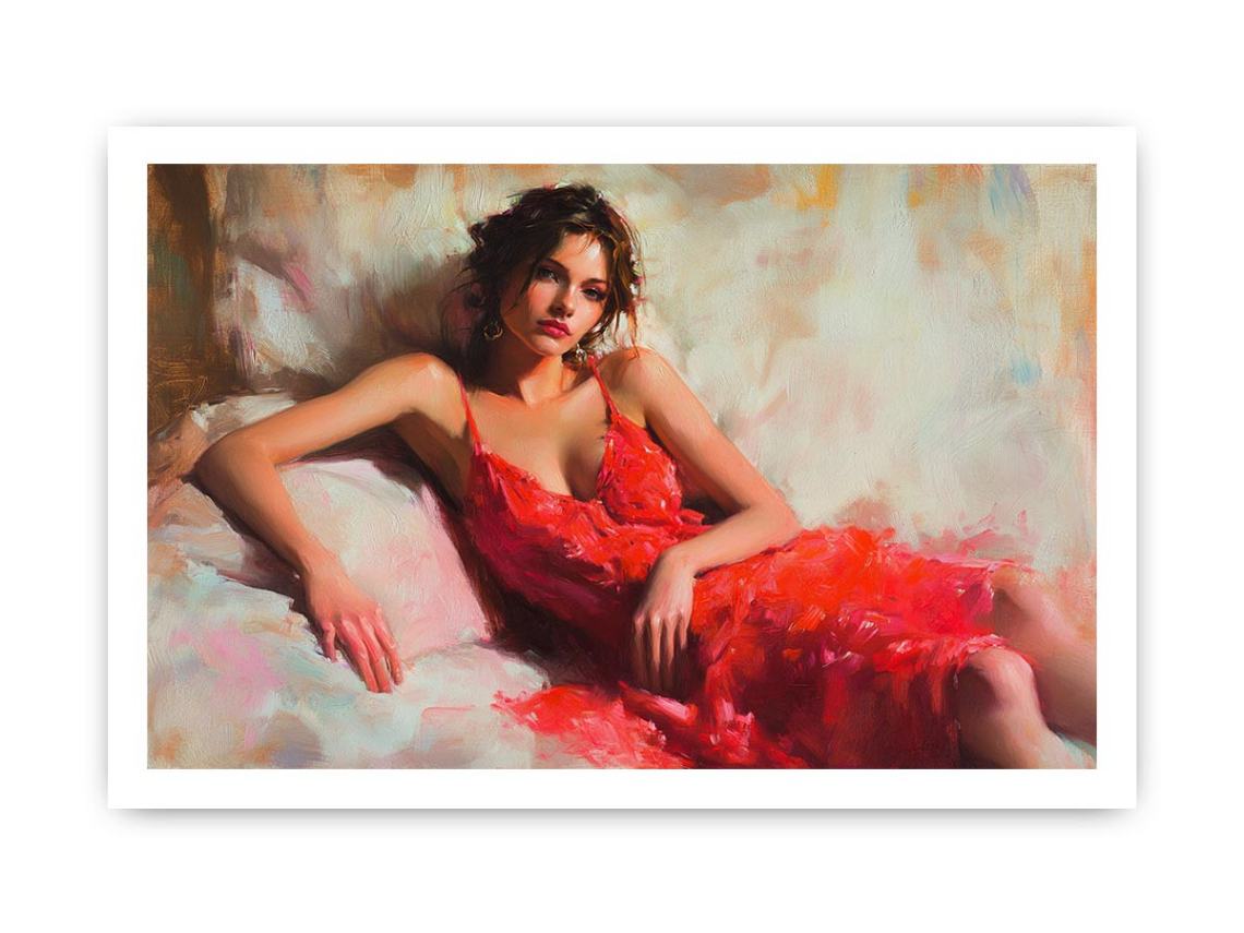 Figurative woman in red dress canvas art for elegant bedroom or living room decor.