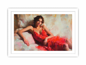 Figurative woman in red dress canvas art for elegant bedroom or living room decor.