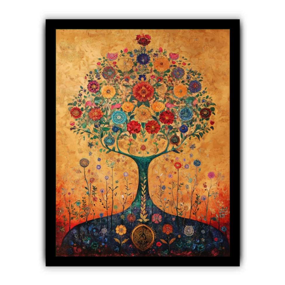 Colorful floral tree canvas art for warm living room or dining room decor.