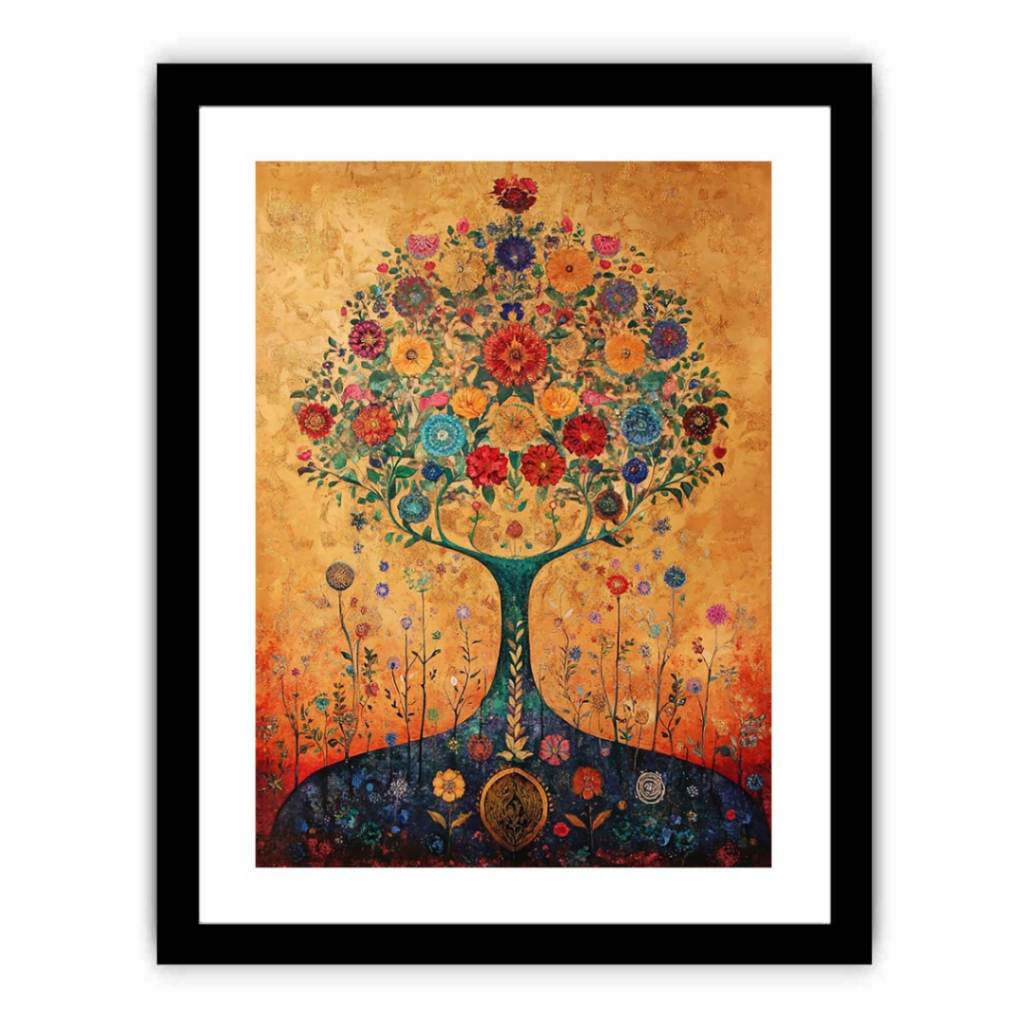 Colorful floral tree canvas art for warm living room or dining room decor.