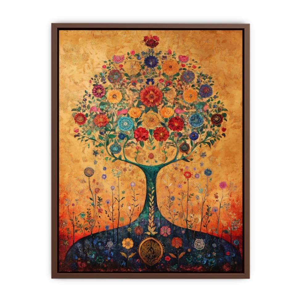 Colorful floral tree canvas art for warm living room or dining room decor.