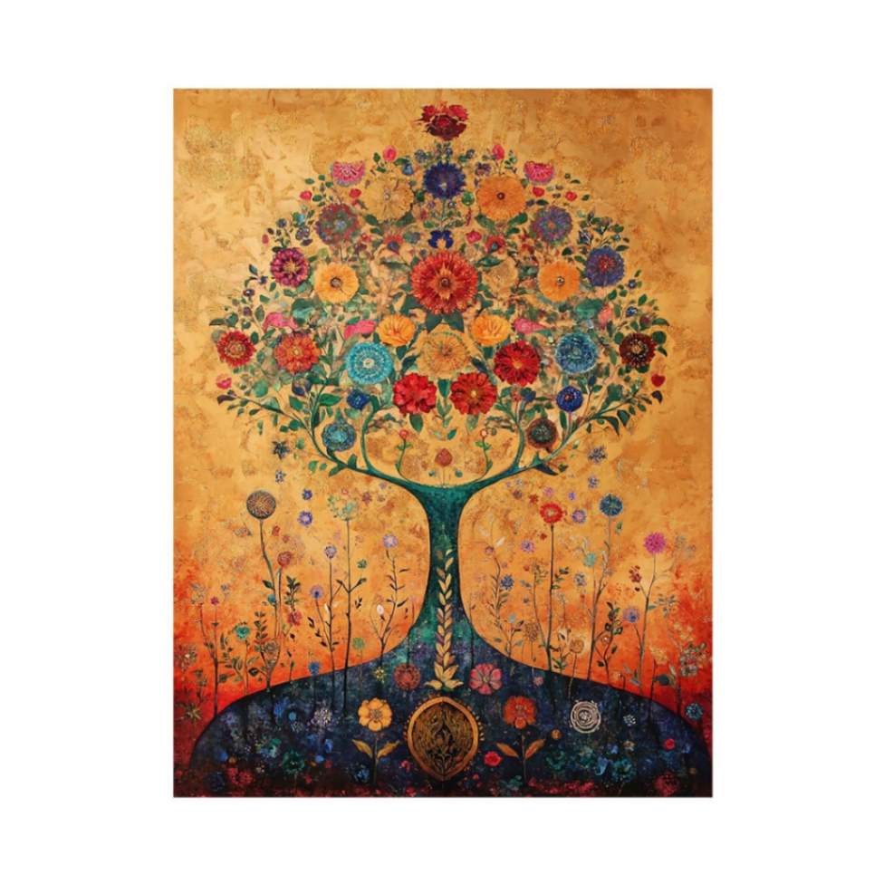Colorful floral tree canvas art for warm living room or dining room decor.