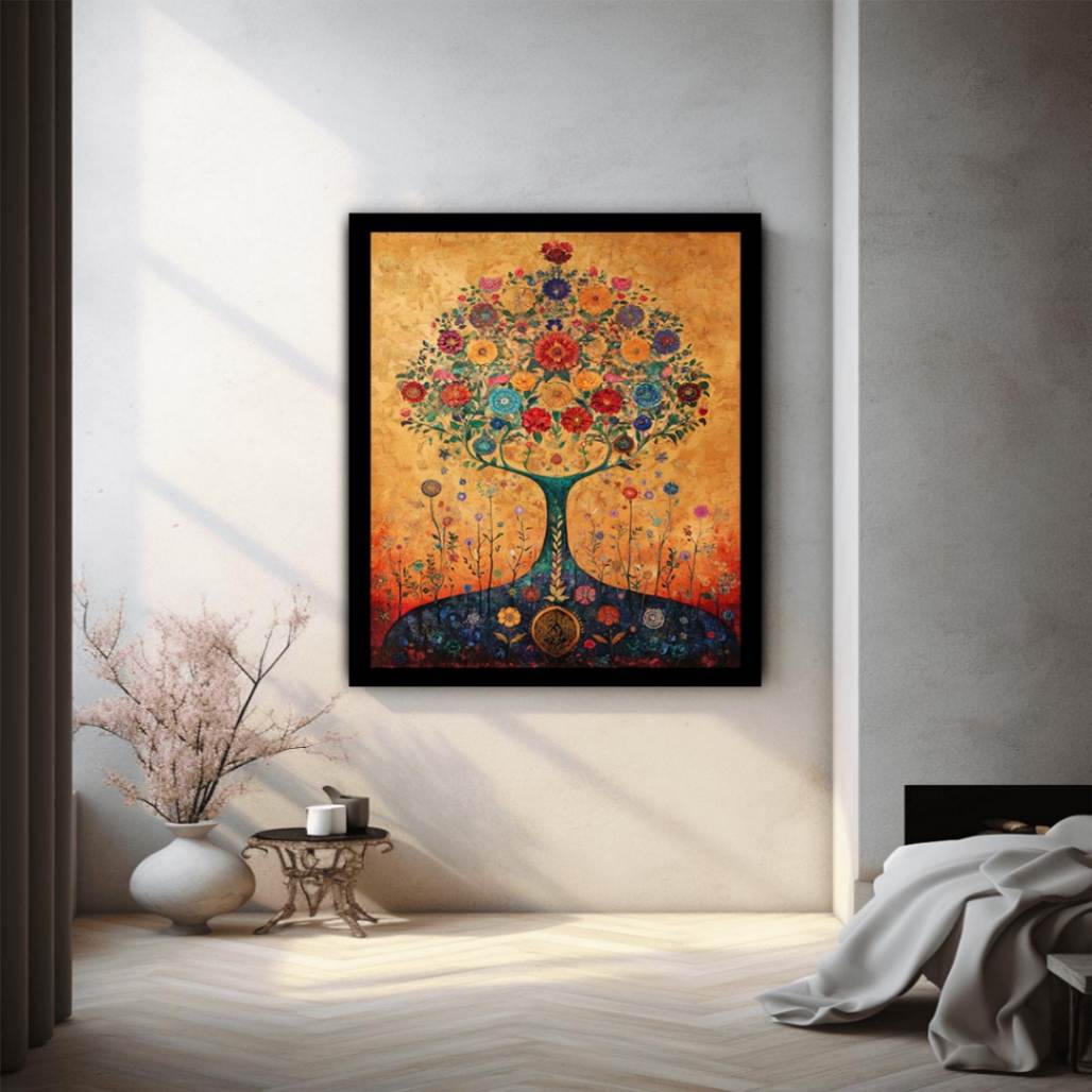 Colorful floral tree canvas art for warm living room or dining room decor.