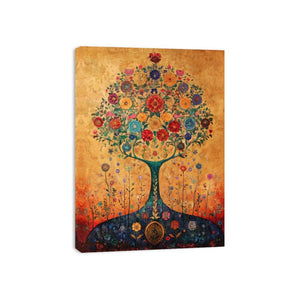 Colorful floral tree canvas art for warm living room or dining room decor.