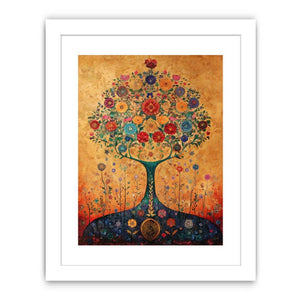 Colorful floral tree canvas art for warm living room or dining room decor.