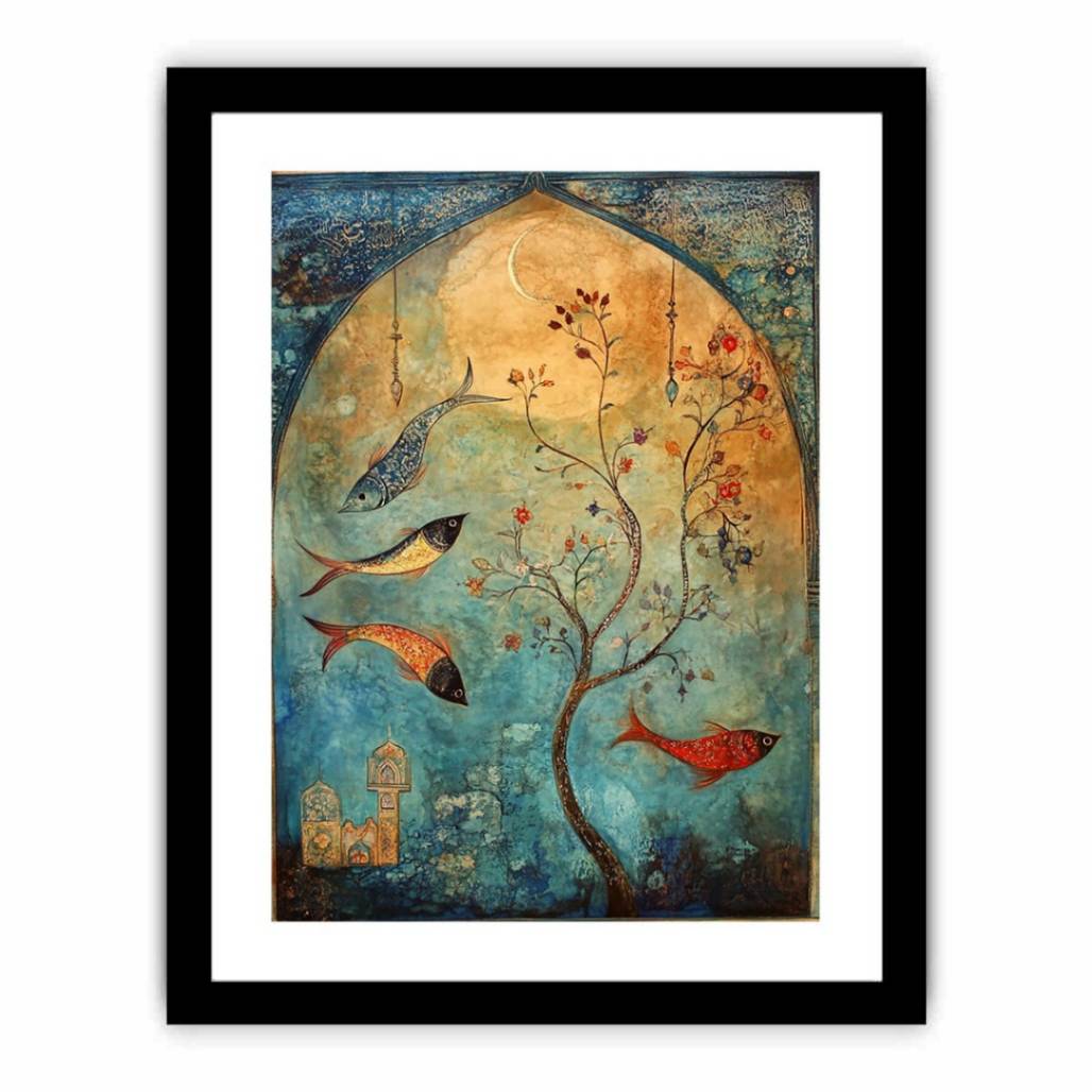Persian inspired fish and flowering tree canvas art for serene bedroom decor.