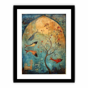 Persian inspired fish and flowering tree canvas art for serene bedroom decor.