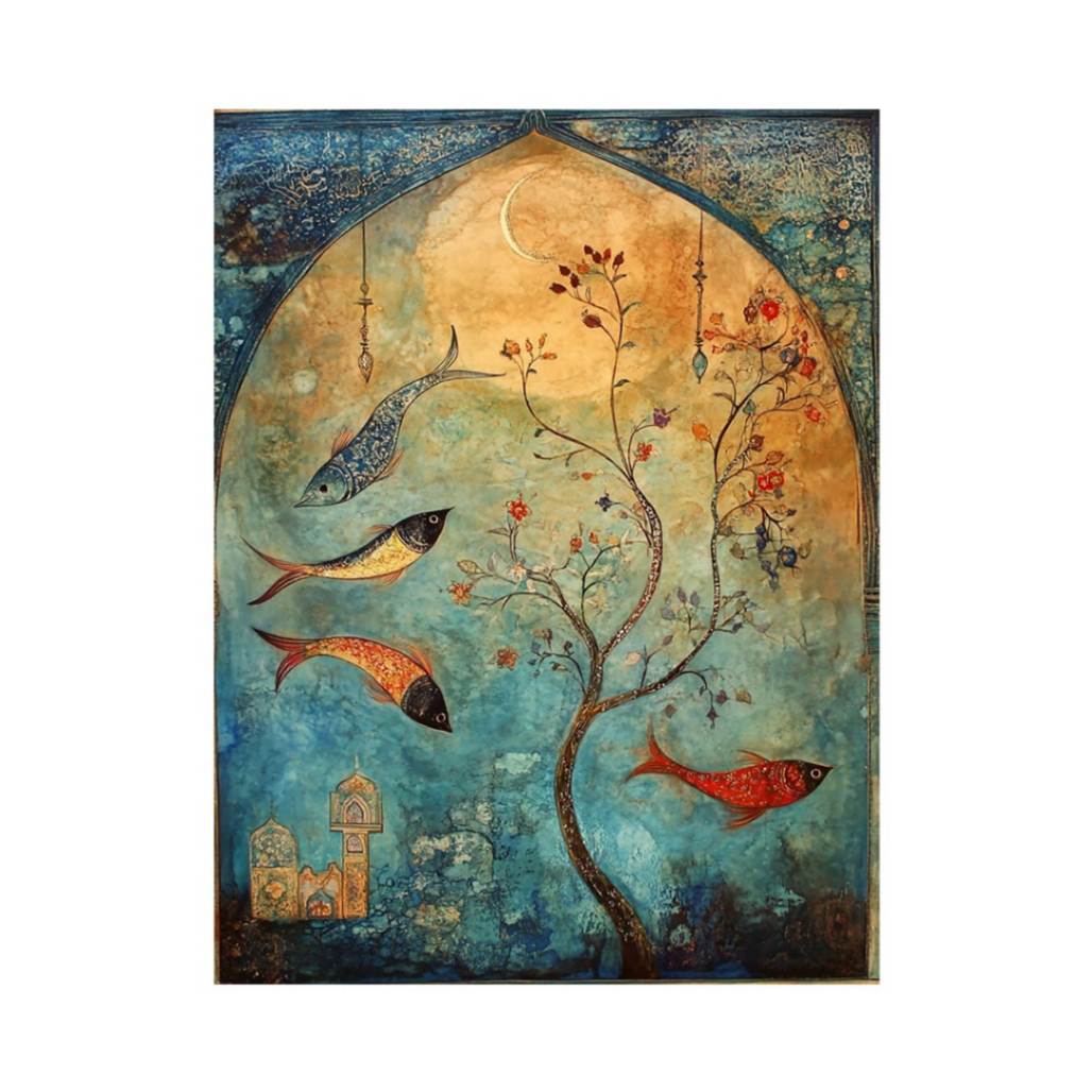 Persian inspired fish and flowering tree canvas art for serene bedroom decor.