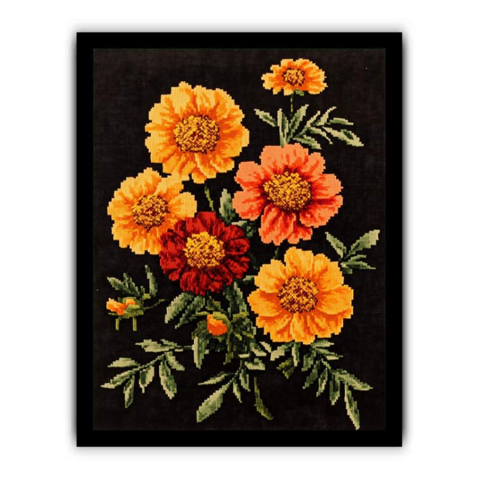 Vintage embroidered marigold floral canvas art for cozy kitchen or hallway decor.