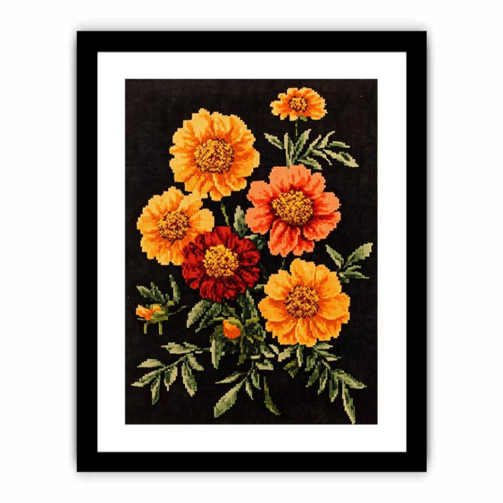 Vintage embroidered marigold floral canvas art for cozy kitchen or hallway decor.