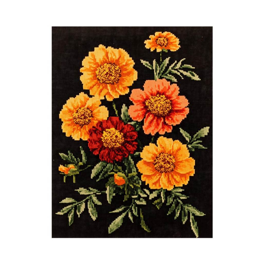 Vintage embroidered marigold floral canvas art for cozy kitchen or hallway decor.