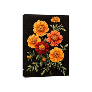 Vintage embroidered marigold floral canvas art for cozy kitchen or hallway decor.