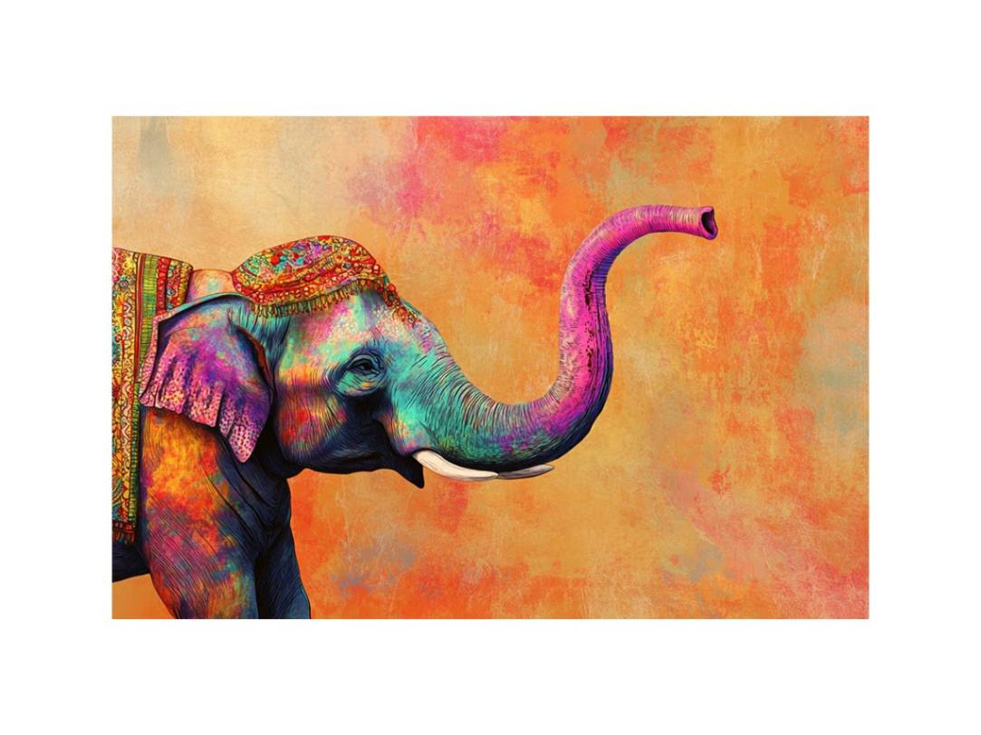 Colorful decorated elephant canvas art for bold boho living room or kids room decor.