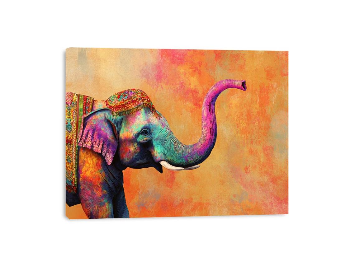 Colorful decorated elephant canvas art for bold boho living room or kids room decor.