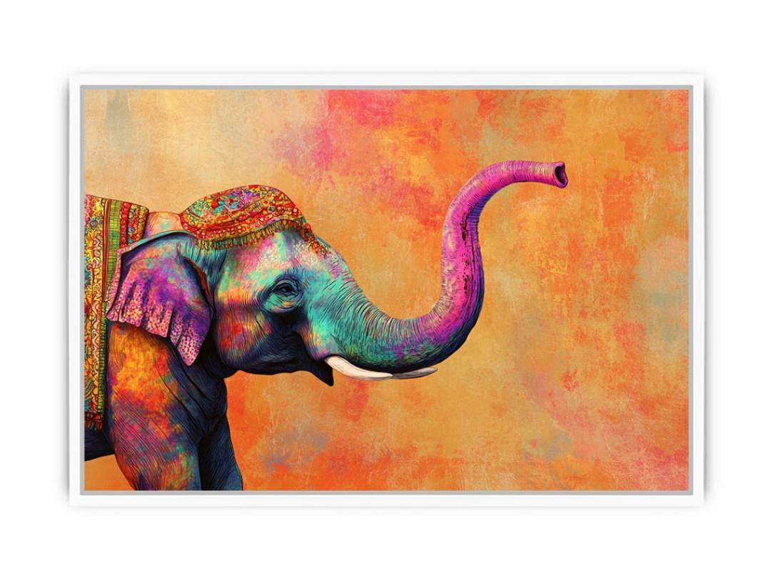 Colorful decorated elephant canvas art for bold boho living room or kids room decor.