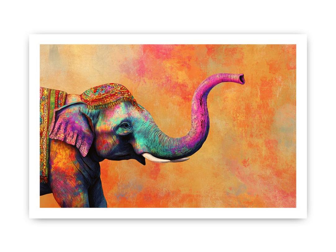 Colorful decorated elephant canvas art for bold boho living room or kids room decor.