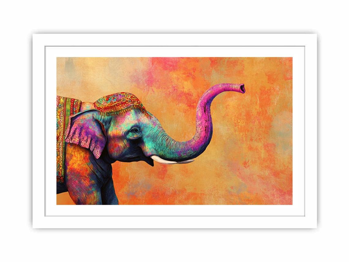 Colorful decorated elephant canvas art for bold boho living room or kids room decor.