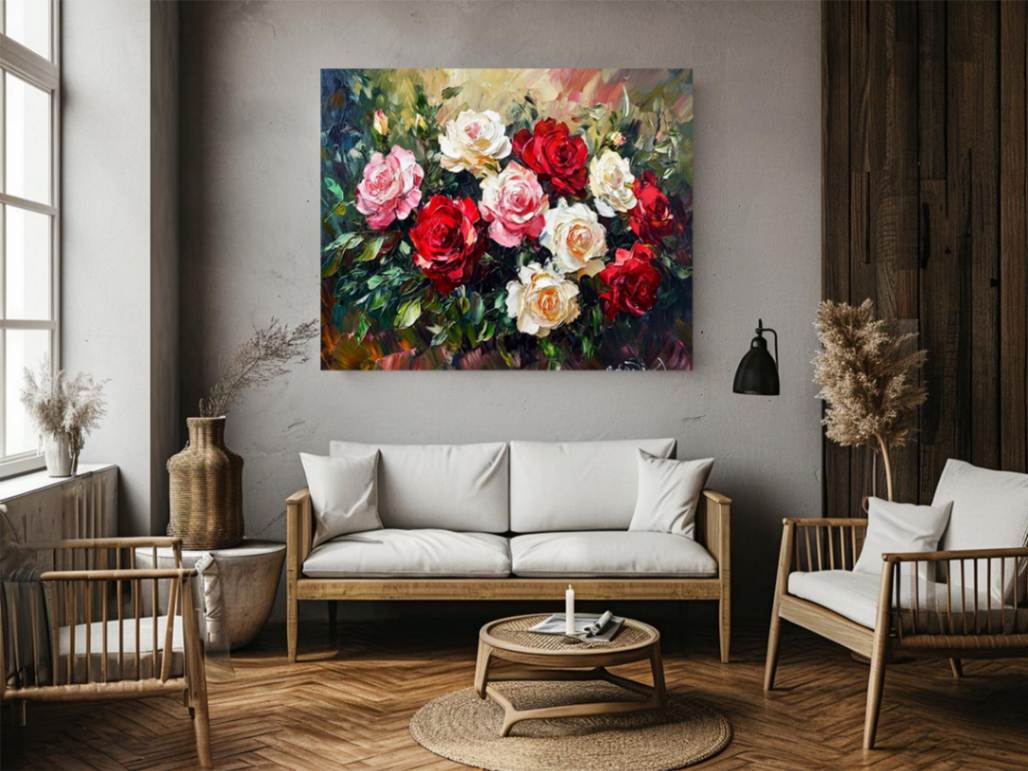 Romantic rose bouquet canvas art for elegant bedroom or living room decor.