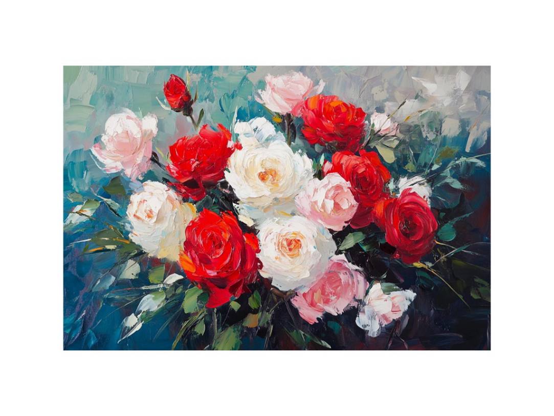 Red pink and white rose canvas art for fresh bedroom or living room decor.