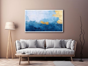 Blue and gold abstract canvas art for luxury living room or coastal bedroom decor.