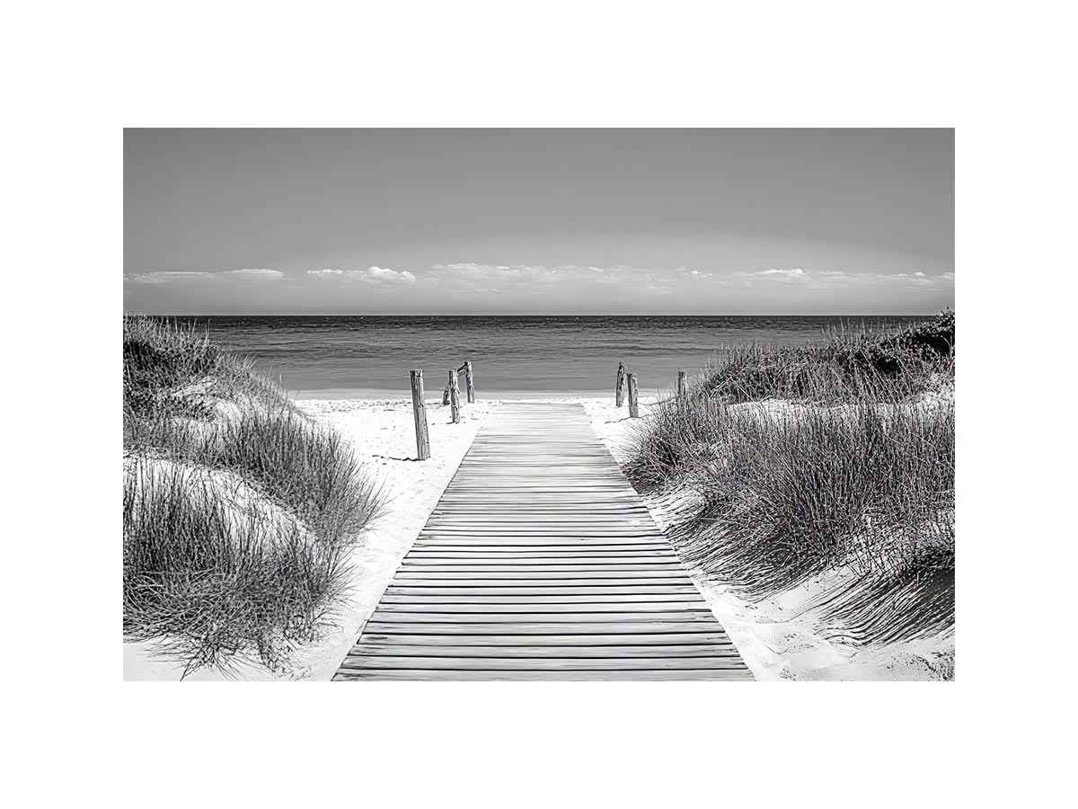 Black and white beach boardwalk photography for calm coastal bedroom or hallway decor.