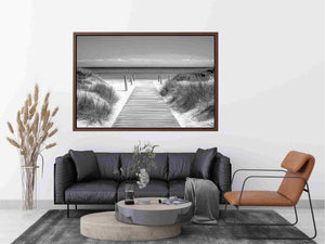 Black and white beach boardwalk photography for calm coastal bedroom or hallway decor.