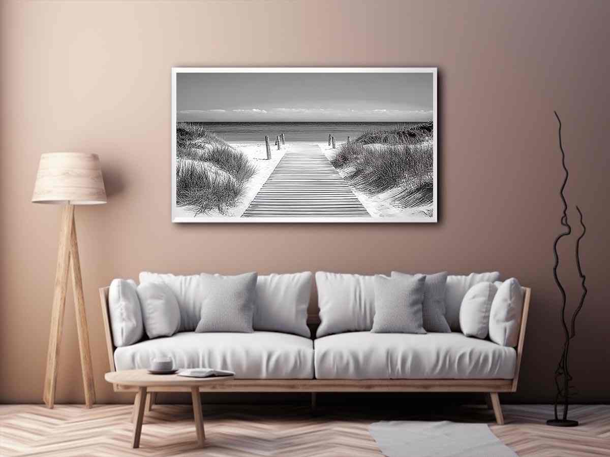 Black and white beach boardwalk photography for calm coastal bedroom or hallway decor.