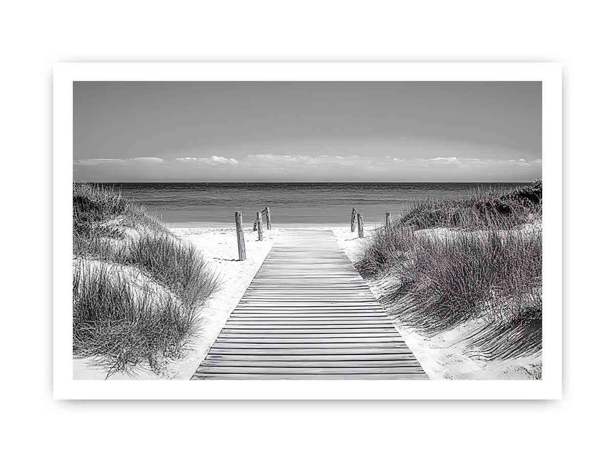 Black and white beach boardwalk photography for calm coastal bedroom or hallway decor.