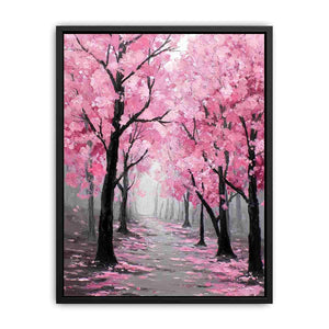 Pink blossom tree path canvas art for soft modern bedroom decor.